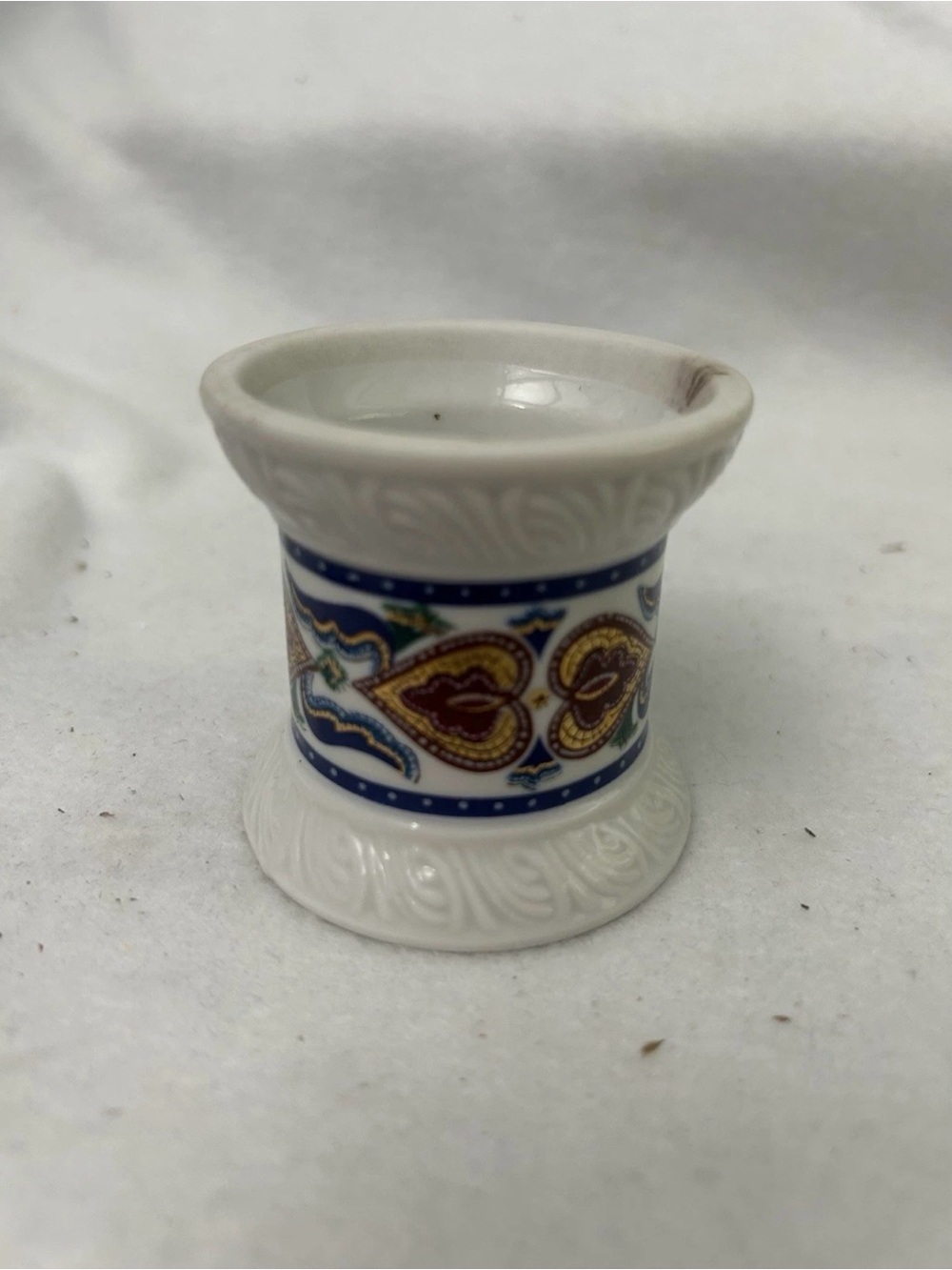 Elizabeth Arden White Ceramic Candle Holder with Blue and Gold Pattern